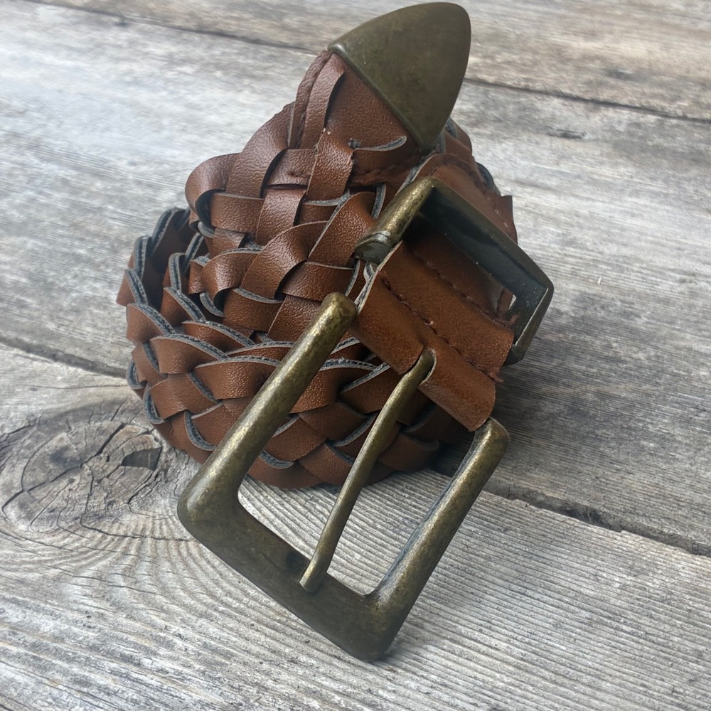 Vintage 90s Brown Leather Braided Belt Solid Brass Buckle Boho Western 30"